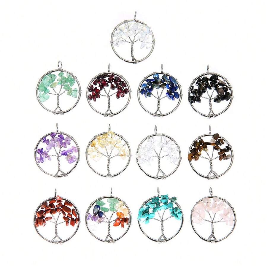 Ahknormailcui Vintage Stainless Steel Handmade Beading Natural Stones Tree Of Life Pendant Irregular Crystal Agate Elegant Round Pendants For Diy Jewelry Making Necklace/Key Ring/Earrings Crafts Decorative Accessories - Tree Of Life - View 1