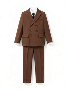 Setelan Jas Pria Tampan untuk Anak Laki-Laki, Blazer Kancing Ganda + Celana + Dasi, 3 Potong, Pakaian Formal untuk Pernikahan, Pertunjukan, dan Pesta Anak Laki-Laki - Coklat - View 9