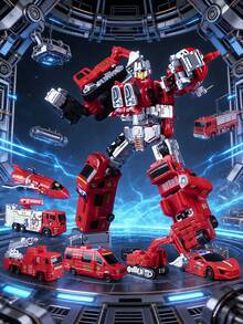 1Set 6-In-1 Alloy Fire & Engineering Transforming Team For Kids Aged 6+ - /Fire/Excavator/Spray Truck Combined Rescue Robot, Realistic Collectible Premium Gift Box Toy For Boys - Cool Transforming Toy - View 8