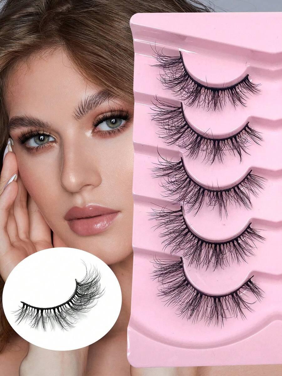 ENCHUW 5对装自然柔软轻盈交叉假睫毛，日常佩戴仿貂毛假睫毛，条状假睫毛 - 黑色 - 查看 1