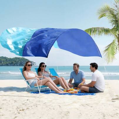 Wind-Powered! A Super-Large 150-Square-Foot Beach Umbrella That Easily Accommodates 8 People, Opens In 2 Minutes, With A Blue Patchwork Silent Canopy.