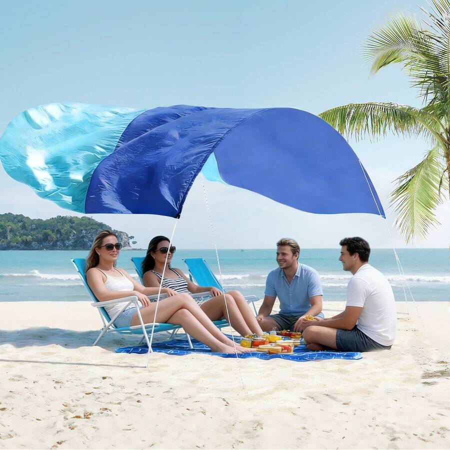 Wind-Powered! A Super-Large 150-Square-Foot Beach Umbrella That Easily Accommodates 8 People, Opens In 2 Minutes, With A Blue Patchwork Silent Canopy. - 淺藍色 - 查看 1