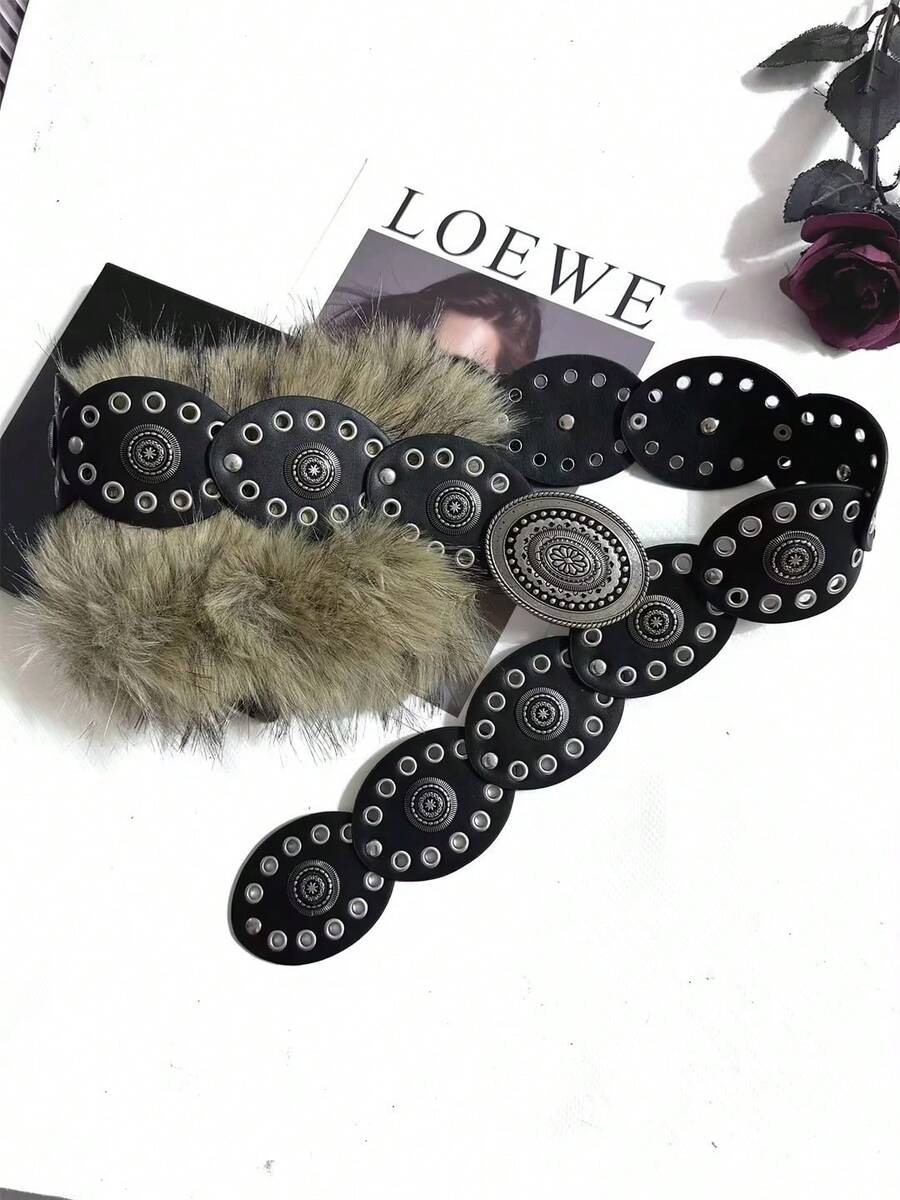 1条夏季波西米亚风纯色毛绒腰带，Y2K复古兔毛束腰性感配饰，适合搭配外套、牛仔裤、连衣裙，日常穿着，也适合派对、万圣节、圣诞节等场合，是送给朋友的绝佳礼物。 - 黑色拼片帶毛腰帶 - 查看 1