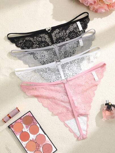 4pcs/Pack Plus Size Women Lace Patchwork Seamless Thong Panties