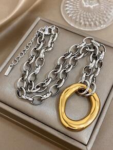 这款镀金镀银项链采用粗链和大型环扣设计，搭配椭圆形吊坠。它是一款时尚的珠宝，非常适合约会之夜、派对和特殊场合。 - 彩色 - 查看 12