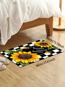 Tapete de chão com estampa xadrez de girassóis amarelos e pretos, estilo retrô moderno e detalhes decorativos retangulares em pelúcia macia com a inscrição "Home Sweet Home" (Lar Doce Lar). Antiderrapante, ideal para decoração de quartos no verão ou para momentos de descanso no dia a dia. - Multicolorido - Ver 4