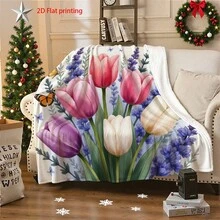 1pc S Flannel Blanket 2D Flat Printing High Definition Printed Blanket Lavender Tulips Pink Purple White Butterflies Floral Watercolor Style Blanket Flannel Blanket, Soft Blanket Nap Blanket, Suitable Sofa Office Bed Camping Travel, Suitable All Seasons MultiPurpose Gift Blanket - As Shown In the Figure - View 3