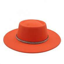 Fedora Hat For Women Western Wide Brim Felt Panama Jazz Cap With Rhinestone Decorative Belt For Wedding Party - trái cam - Xem 3