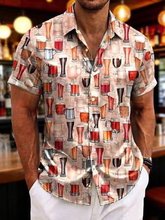Chemise à manches courtes avec poche et imprimé bière hawaïenne, taille grande pour hommes