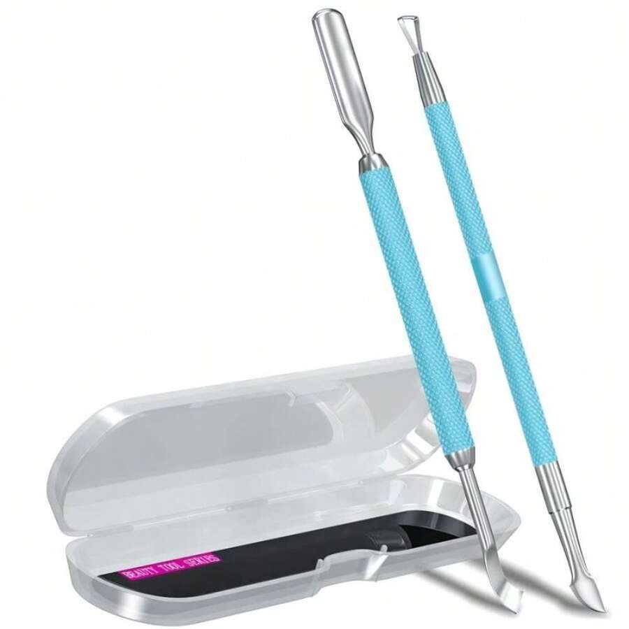 2PCS MetalTurquoise/Lake Blue Cuticle Pusher And Cutter Remover Salon Quality Stainless Steel Gel Nail Polish Peeler Scraper Durable Manicure And Pedicure Cleaner Tool For Fingernail And Toenail - MàuQ - Xem 1