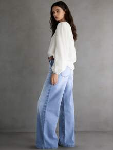 Ladies' Slim Fit Wide Leg Jeans (Light Blue - High Waist Loose Straight Leg), Versatile For Daily Wear, Suitable For Family, Leisure, And Outdoor Activities, Suitable For Slimming Cuts From Teenagers To Adults, Simple Minimalist Design, Comfortable Full-Length Denim Pants.PLEASE ORDER ONE SIZE UP. - 淺藍 - 查看 4