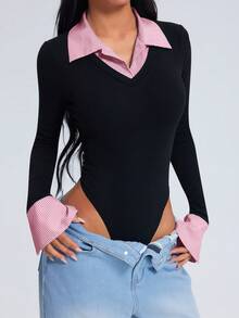 女款優雅性感二合一連身衣，黑色與粉色條紋領口V領修身長袖T恤，適合度假、派對、生日、返校季穿著 - 黑粉 - 查看 3