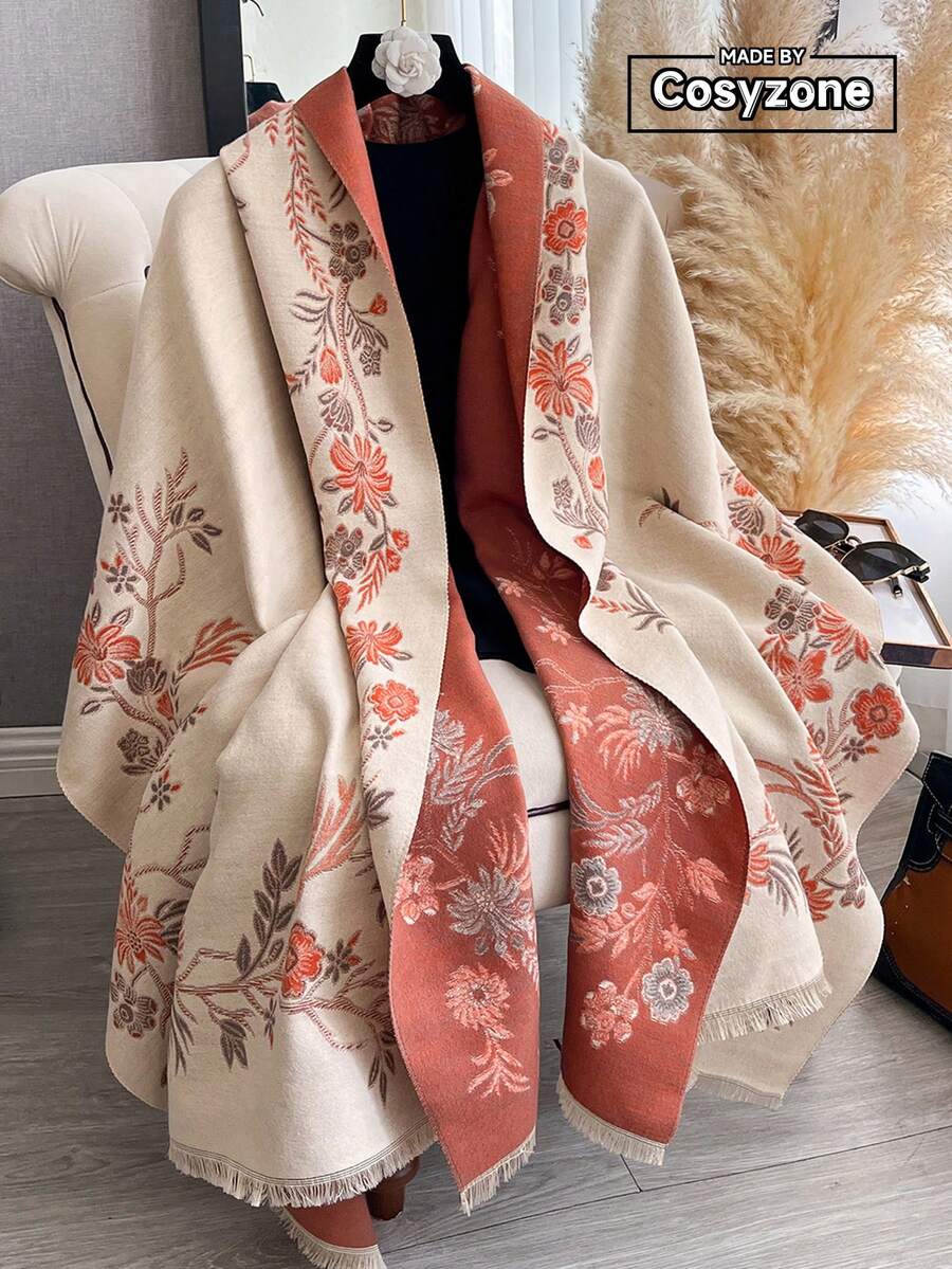 1pc Elegant Floral & Plant Pattern Jacquard Faux Cashmere Warm Scarf/Wrap, Versatile For Women In Autumn/Winter, Suitable For Daily Matching And Decoration - Beige Orange - View 1