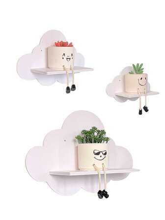 3pcs Wooden Cloud Wall Shelves, Home & Kids Room Doll Display Rack, Solid Wood Wall Mounted Decor Shelf