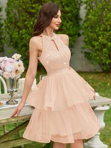 MIUSOL Sequin Floral Lace Halter Neck Ruffle Layered Hem Mesh Ballgown Skirt, Summer Women's Dress, Wedding Guest Outfit, Suitable For Vacation, Birthday Party, Graduation Ceremony And Other Occasions - Champagne - View 7