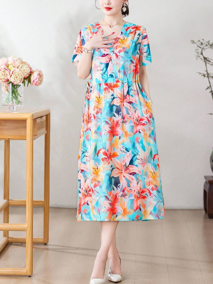 FANMUER 新款时尚花卉叶子印花波西米亚风优雅休闲度假连衣裙,女士夏季款 - 淺藍色 - 查看 1