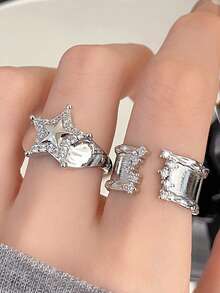 2pcs/Set Ramadan Star & Geometric Open Ring Set, Silver Metal Cubic Zirconia, Elegant Gift For Women, Suitable For Daily Outfit & Party Accessories - Multicolor - View 1