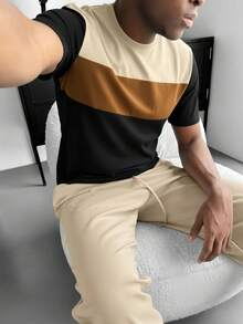 GRDR 1pc Men's Casual Contrast Color Round Neck Short Sleeve T-Shirt, Business Style, Summer - Black - View 4