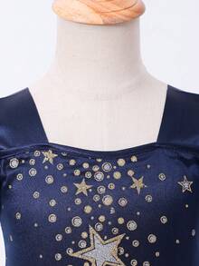 女童缎面星星拼接网纱公主裙，春秋季 - 藏蓝色 - 查看 3