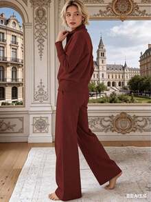 2-Piece Set Of Wide-Leg Pants - Loose Long-Sleeved And Pants, Anti-Wrinkle Both Office And Casual Wear, Washable Spring And Autumn Business Attire - Màu Đỏ Sâu - Xem 5