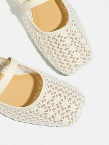 Plus Size Women's Fashion Hollow Knit Embroidered Brown & White Flat Square Toe Mesh Low Vamp Spring/Summer Ballet Shoes, Casual Comfortable Strap Mary Jane Shoes