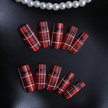 A Box Of 24 Pieces Of Long Trapezoidal Simple Plaid Armor Ins Sweet And Spicy Wind Red And Black Striped Grille New Year Nail Art Can Be Disassembled And Reused To Add A Sense Of Atmosphere To Daily Wear. - Bộ móng nghệ thuật kẻ ô đỏ đen dài - 1 hộp - Xem 4