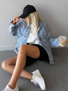 Women's Soft Oversized Denim Jean Jacket, Women's Spring Fashion Light Blue Comfortable Pocketed Outwear, Timeless Light Wash Relaxed Zip-Up Sports Jacket For Daily Layering, Western & Valentine/Christmas/New Years Outfit, Women Curve-Flattering Spring Summer Holiday Gift - 藍色 - 查看 6