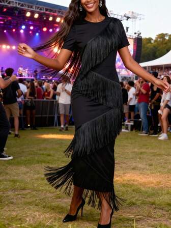 Women Black Chic Layered Fringe Bodycon Midi Dress Spring Summer Formal Evening Wear
