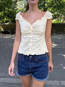 Women's Gingham Plaid Off Shoulder V Neck Short Sleeve Button Front Fitted Waist Peplum Top Ruffle Trim Crop Tops - Yellow - View 4