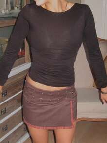 Women Y2k Eyelet Mini Skirts Low Rise Asymmetrical Hem Eyelet Wrap Mini Skirts Summer Going Out Skirt - 咖啡色 - 查看 4