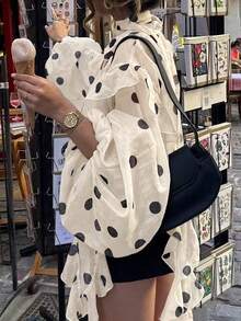 2026新款法式波点蝴蝶结领灯笼袖宽松荷叶边长袖雪纺衬衫，春秋新款女士休闲衬衫，复古风女士衬衫，简约职场女士衬衫，设计感十足的女士外套上衣，法式优雅 - 杏色 - 查看 8