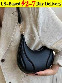 US-Based Fast Delivery | Minimalist Black Curved Hobo Bag - Soft Pu Leather Half-Moon Shoulder Bag With Gold-Tone Hardware, Adjustable Strap Crossbody Purse For Daily Outfits, Sleek Structured Design Elegant Handbag, Versatile Casual & Office Small Bag For Women,  Modern Minimalist Fashion Accessory - 黑色 - 查看 13