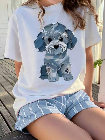 Tween Girls' Cartoon Print Oversized Short Sleeve T-Shirts