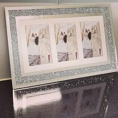 Biznest Silver Diamante Crushed Crystal Photo Frame Multi Aperture Picture Photo Frame For 3 Photos 4X6 Inch Photo (48Cmx29Cm)