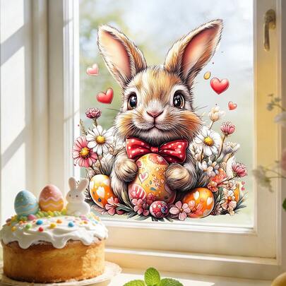 1/4 pezzi Adesivi in vetro decorativi per Pasqua, senza colla, pellicola statica per finestre, con stampe di animali carini, fiori e uova, per creare un'atmosfera primaverile a casa, negozi e vetrine, riutilizzabili, idea regalo