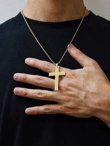 CCO 1件简约时尚十字架吊坠项链，不锈钢材质，适合男士休闲穿着 - 金色4 - 查看 2