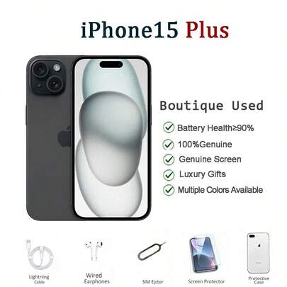 Apple 二手苹果 iPhone 15 Plus，128GB/256GB，6.7 英寸双卡双待智能手机，成色 95% 新，黑色、蓝色、粉色、黄色、绿色可选。性能强劲，适合家庭/办公使用和远程会议。