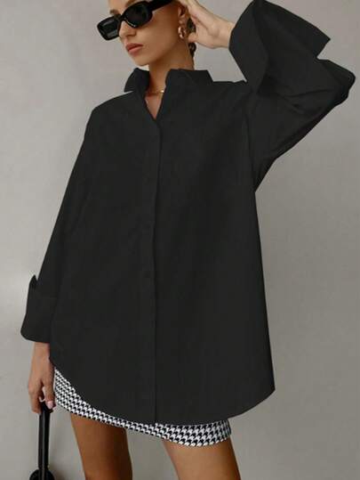 Camisa de manga larga con cuello, de corte holgado, minimalista y casual, adecuada para mujeres, versátil y de moda, apta para ir al trabajo y para usar en la calle, color negro, para primavera