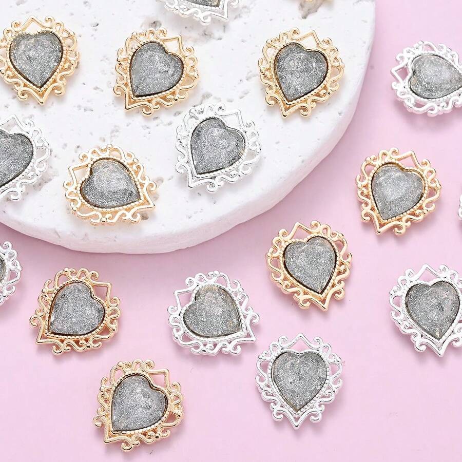 13x15毫米 10颗复古心形水钻贴片 - 闪亮DIY装饰，适用于外套、毛衣、衬衫、发饰和服装装饰、珠宝、美甲用品、外套装饰，闪亮效果 - 心形 - 查看 1