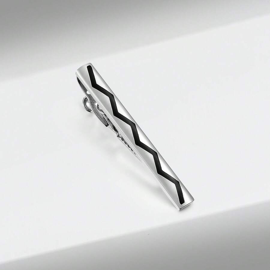1pc Copper Alloy Black Wavy Silver Plated Elegant Tie Clip, Minimalist & Fashionable For Business