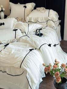 公主风被套套装，黑色蝴蝶结床上用品套装，四季皆宜 - 三件套（1 个被套，2 个枕套）超柔软透气时尚被套