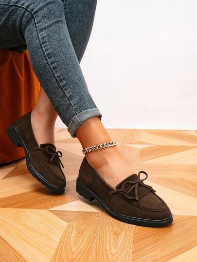 Women's Loafers, Round Toe Bow Decor Flat Shoes, Outdoor Retro Women's Shoes, Casual College Style Shoes