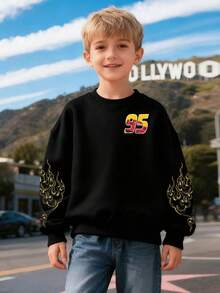 Disney Cars Lightning McQueen "95" Digital Multi-Heat Pattern Printed Boys' Hoodie, Autumn And Winter Children's Round-Neck Hoodie, Suitable For Daily Commuting, School And Casual Sportswear For Both Boys And Girls. Long-Sleeved Tops Are Suitable For Holiday Parties, Outdoor Activities And Travels. - 黑色 - 查看 2