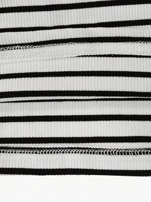 2pcs Women's Black & White Striped Off-Shoulder Long Sleeve Crop Top And Wide Leg Pants Set, Casual Homewear Outfit For Valentine's Day Date - Black and White Stripes - View 6