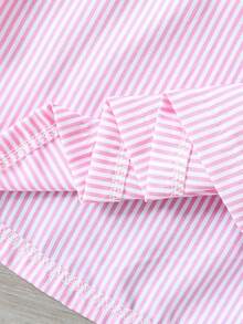 Summer Girls Toddler Pink & White Striped Shirt Dress, Pink & White Fine Stripe Fabric, Collared Button-Front Shirt Silhouette, Puff Short Sleeves With Cuffed Hem, Matching Fabric Oversized Bow Waist Belt To Cinch Waist, Black Butterfly Embroidery Decor On Left Chest, Fresh & Sweet Style With Preppy Vibe - Pink - View 8