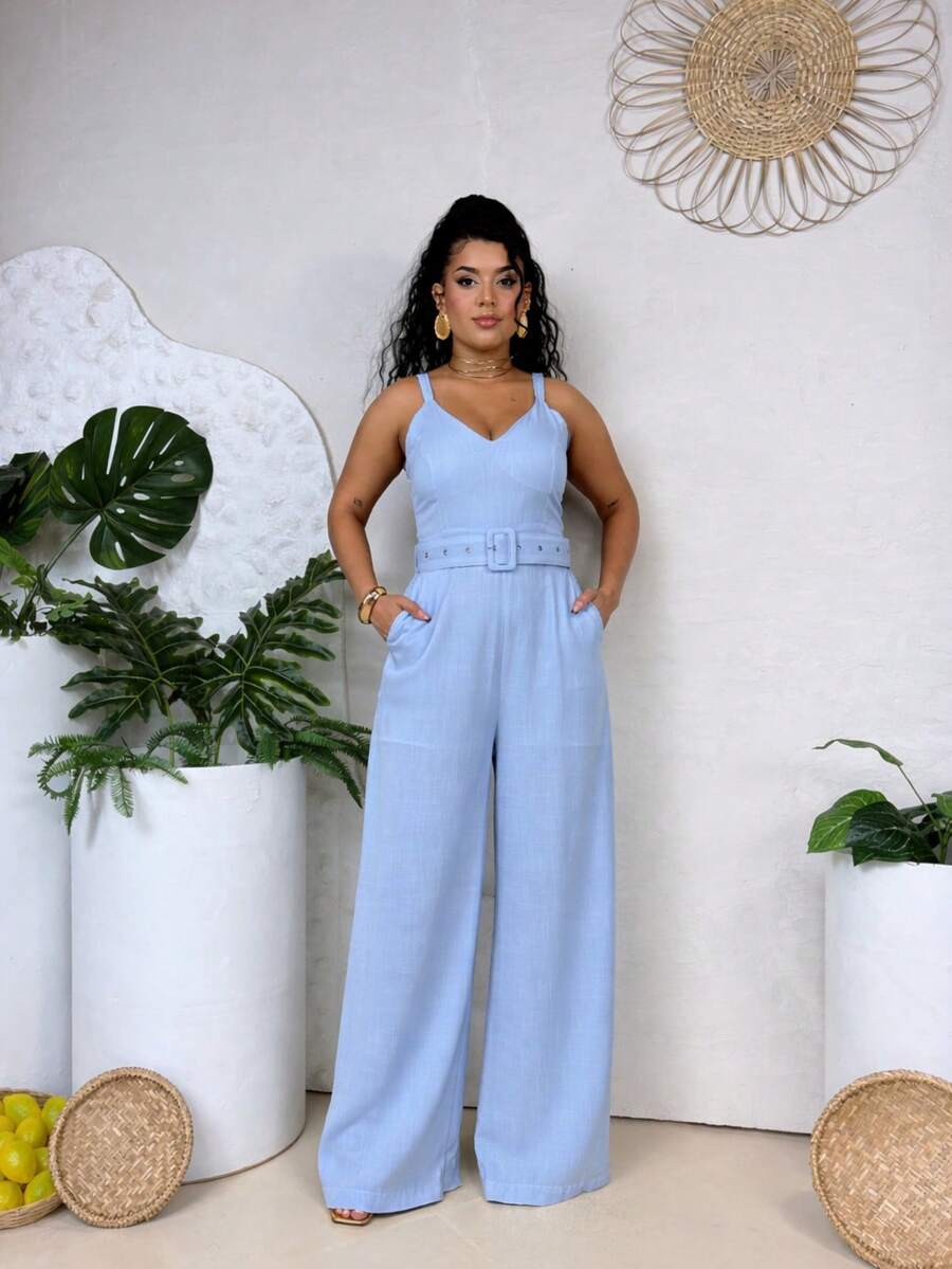 Women's Long Jumpsuit, Premium Viscose Linen, Summer Fashion, Simple, Buttons At The Front, Pocket, Button - 淺藍色 - 查看 1