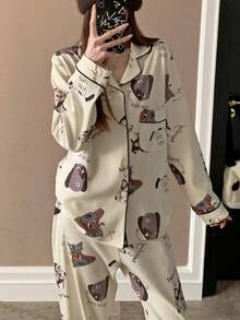 2pcs/Set Women Casual Lapel Button Pajamas, Cute Printed Sleepwear For Spring & Summer