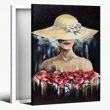 2D Flat Printing, 1pc, A Figure (With Visible Lips) Wears A Large Light Hat With White Flowers, With Red Roses Around The Torso And Paint Drips On A Dark Background, Canvas Wall Art For Living Room, Bathroom Wall Art Bedroom Framed Wall Art Poster Art Prints Ready To Hang Pictures Home Decorations Wall Decor For Office - 彩色 - 查看 1