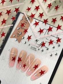 1 Pc 5D Embossed Red And Silver Five-Pointed Star Nail Polish Sticker DIY Self-Adhesive Slider Nail Sticker Nails - Red - View 4