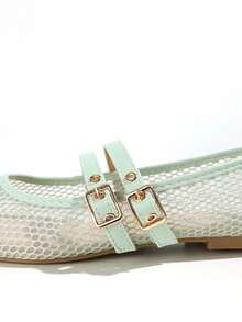 ADAMUMU New Women Ballet Mesh Shoes, Black And Apricot, Round Toe Flats, Solid Color Breathable Casual Flat Shoes, Fashionable And Comfortable - Màu xanh nhạt - Xem 5